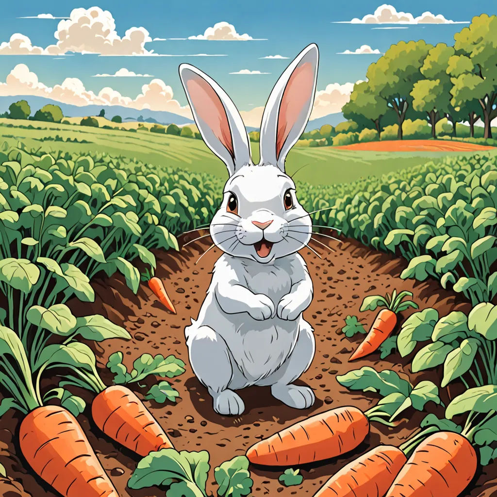a rabbit sitting in a field of carrots with a sky background and clouds in the background, with a blue sky and clouds, context art, a storybook illustration, Chris LaBrooy, josan gonzales and dan mumford