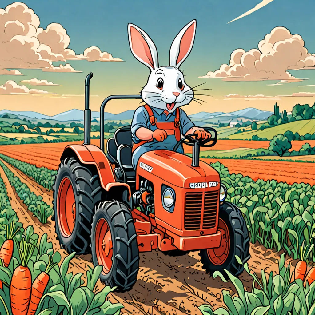 a rabbit is driving a tractor in a field of carrots and a carrot patch with a sky background, lowbrow, a storybook illustration, Chris LaBrooy, josan gonzales and dan mumford