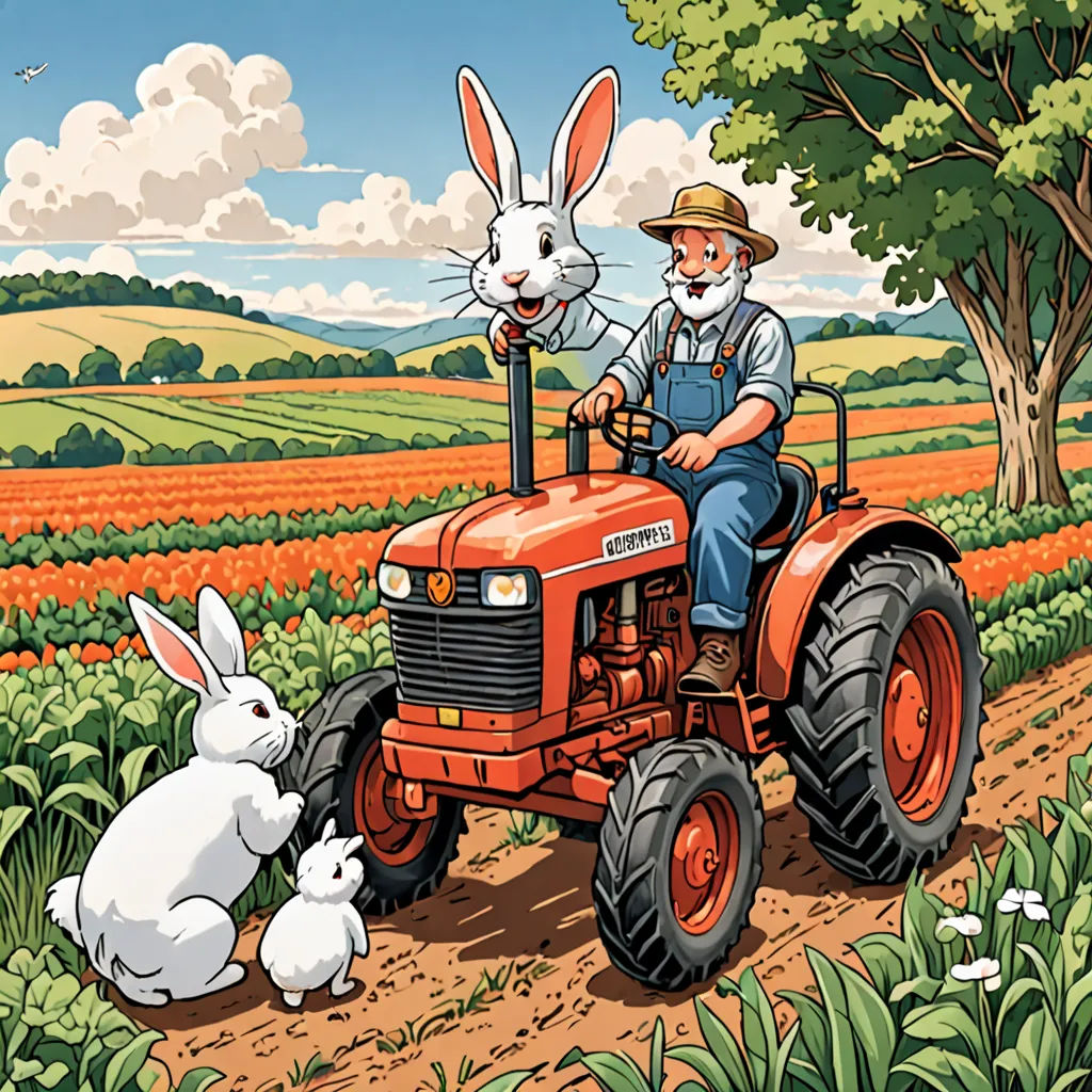 a man driving a tractor with two rabbits on it and a rabbit sitting on the front of it,, folk art, a storybook illustration, Bob Thompson, storybook illustration