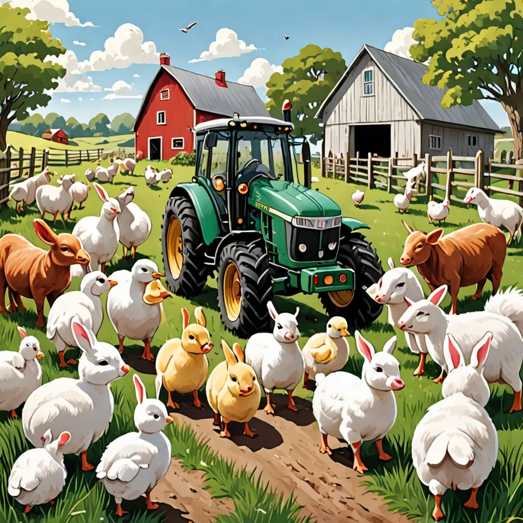 a farm scene with a tractor and farm animals and a farm scene with a tractor and farm animals and a farm scene with a tractor and ducks, folk art, a storybook illustration, Dan Mumford, highly detailed digital painting