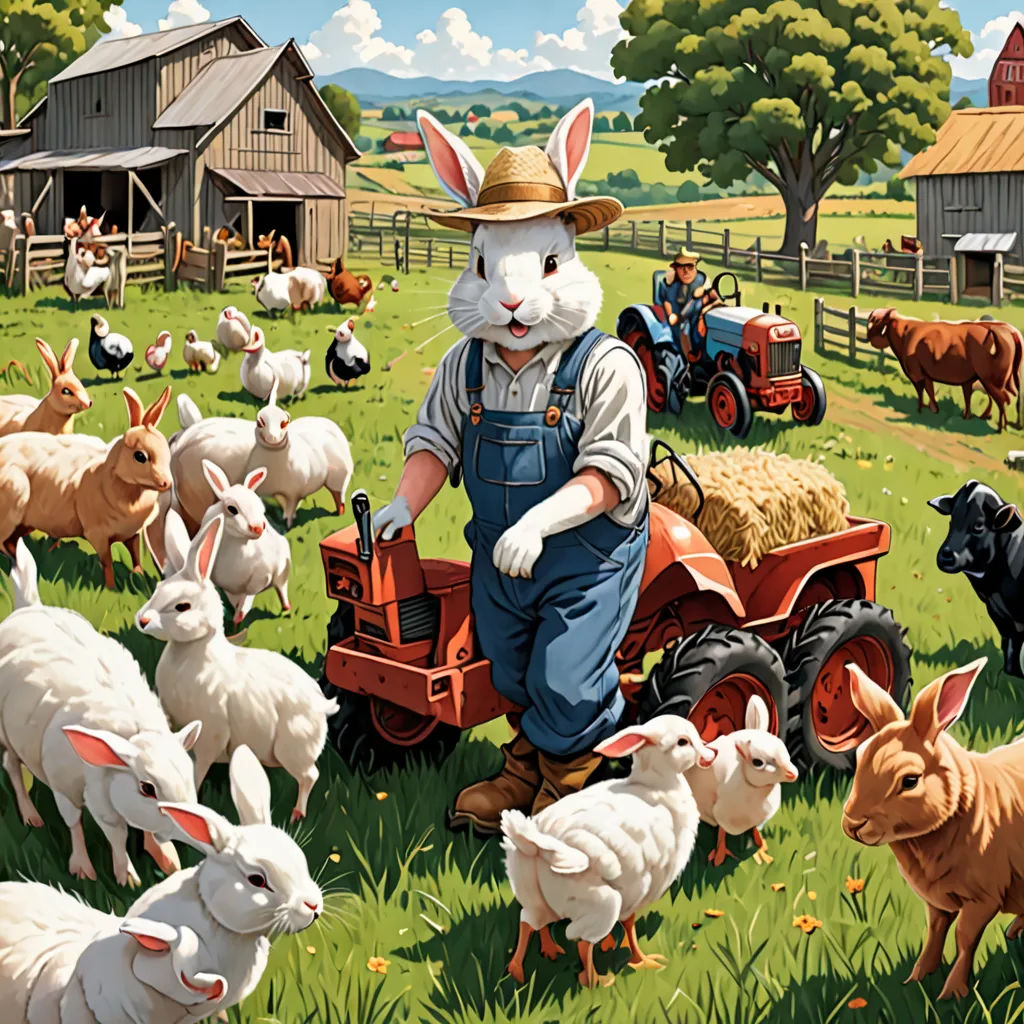 a painting of a farmer with animals and a tractor in a field of grass and hay, with a barn in the background, furry art, a storybook illustration, Chris LaBrooy, furaffinity