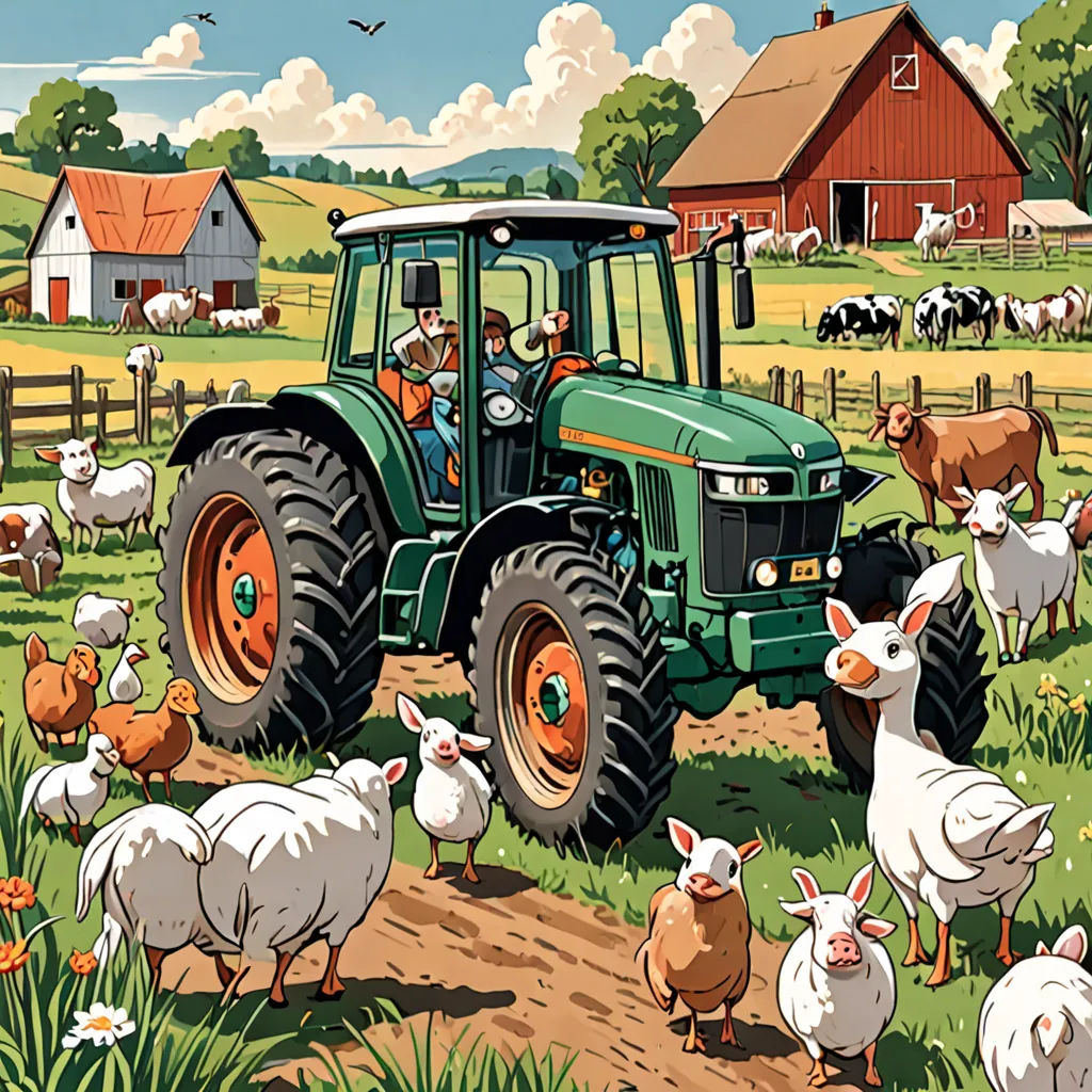 a farmer is driving a tractor with a bunch of animals around him and a farm scene in the background, synthetism, a storybook illustration, Dan Mumford, detailed illustration