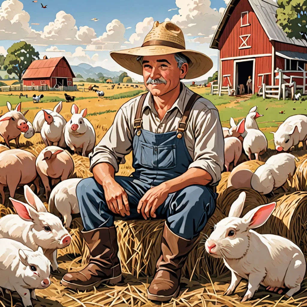 a man sitting on a hay bale with a bunch of sheep in the background and a barn in the background, american realism, a storybook illustration, Dan Content, storybook illustration
