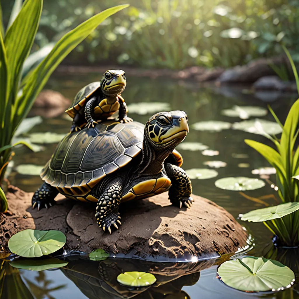 two turtles sitting on a rock in a pond with lily pads and water lillies around them, with the sun shining on the water, art photography, a stock photo, Chris LaBrooy, animal photography