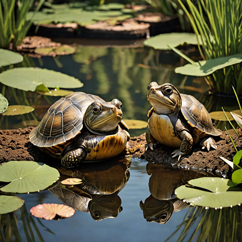 two turtles sitting on a rock in a pond with lily pads and water lillies around them, with a reflection of the turtle on the water, ecological art, a stock photo, Brothers Hildebrandt, animal photography