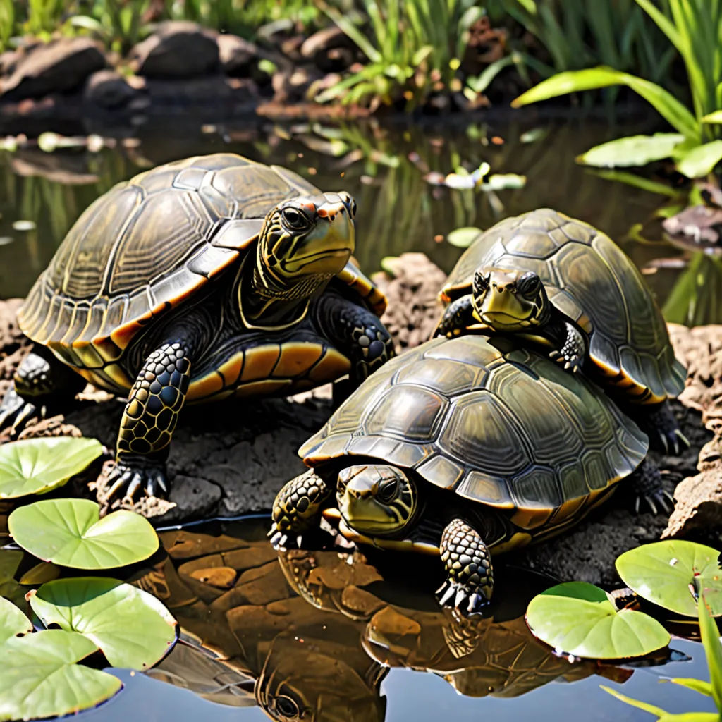 two turtles sitting on a rock in a pond with lily pads and water lillies around them, with a reflection of the turtle on the water, ecological art, a stock photo, Andries Both, animal photography
