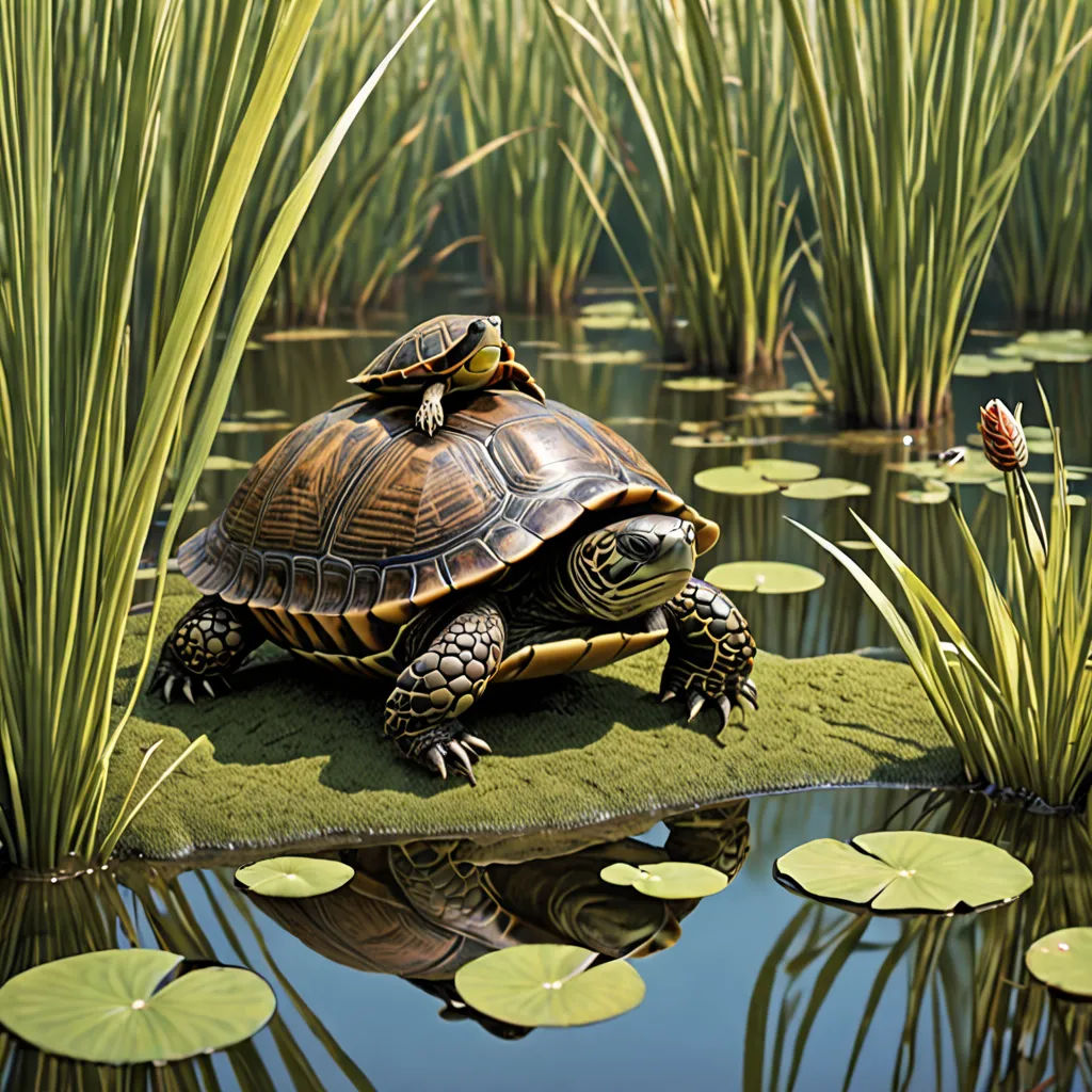 a turtle sitting on top of a green grass covered field next to a pond of water lilies and lily pads, photorealism, a photorealistic painting, Chris LaBrooy, highly detailed digital painting