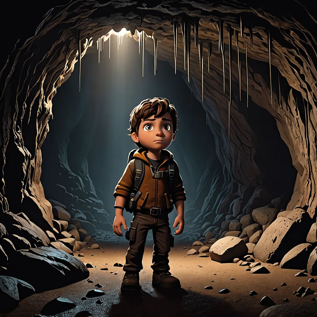 a boy standing in a cave with a flashlight on his head and a flashlight in his hand, with a light shining down on him, computer art, concept art, Cliff Childs, promotional image