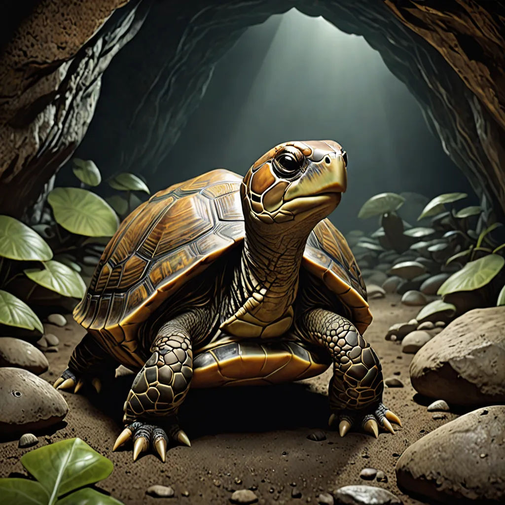 a turtle is sitting in a cave with leaves and rocks around it and a light shining on the turtle, photorealism, a detailed matte painting, Chris LaBrooy, highly detailed digital painting