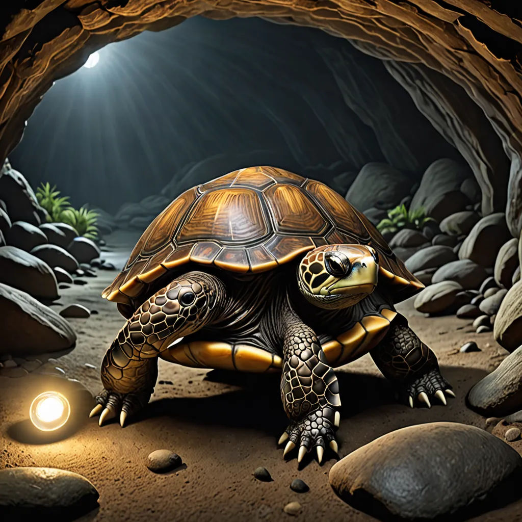 a turtle is sitting in a cave with a light on its head and a flashlight in its mouth,, fantastic realism, a detailed matte painting, Chris LaBrooy, highly detailed digital painting