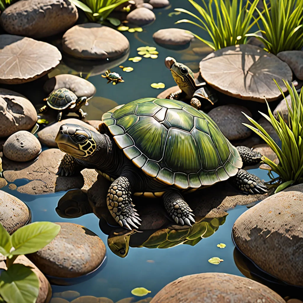 a turtle is sitting on a rock in a pond of water with lily pads and grass in the background, photorealism, a 3D render, Chris LaBrooy, highly detailed digital painting