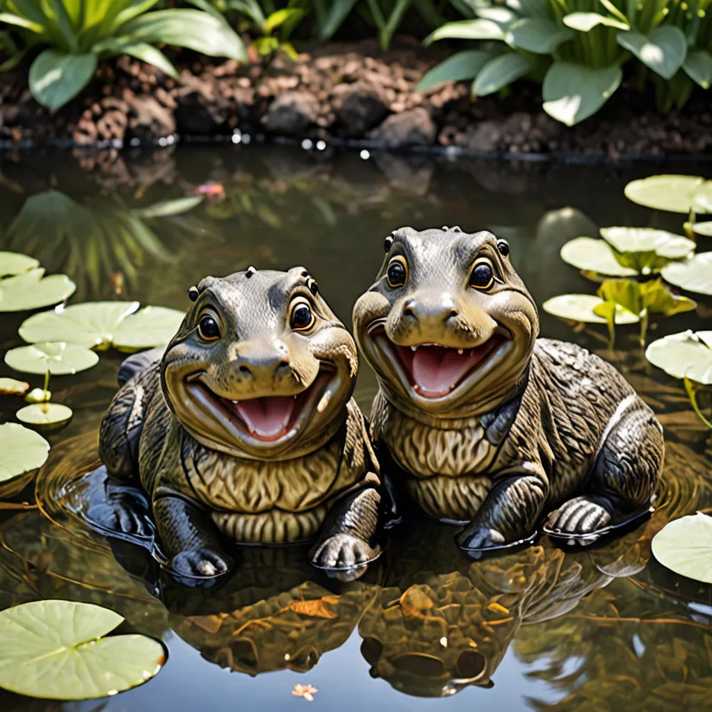 two ceramic frogs sitting in a pond with lily pads on the water's surface and smiling for the camera, new sculpture, a stock photo, Andries Both, features intricate detail
