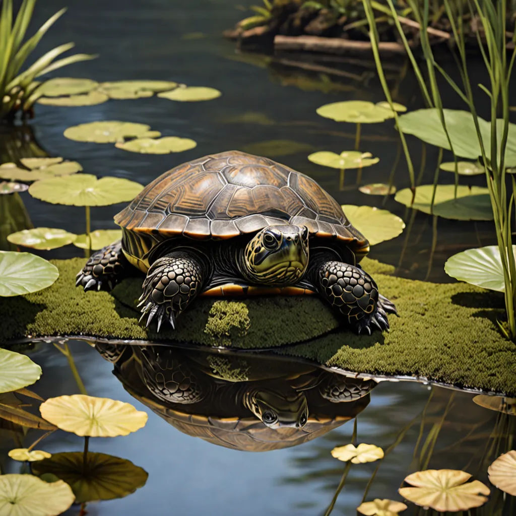 a turtle is sitting on a rock in the water with lily pads around it and a pond behind it, photorealism, a photorealistic painting, Chris LaBrooy, highly detailed digital painting