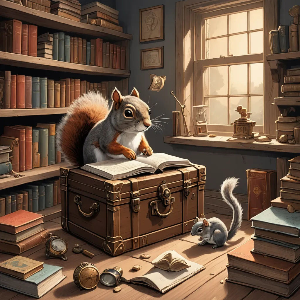 a squirrel is sitting on a suitcase in a library with a squirrel on top of it and a squirrel on the floor, fantasy art, a storybook illustration, Chris LaBrooy, storybook illustration