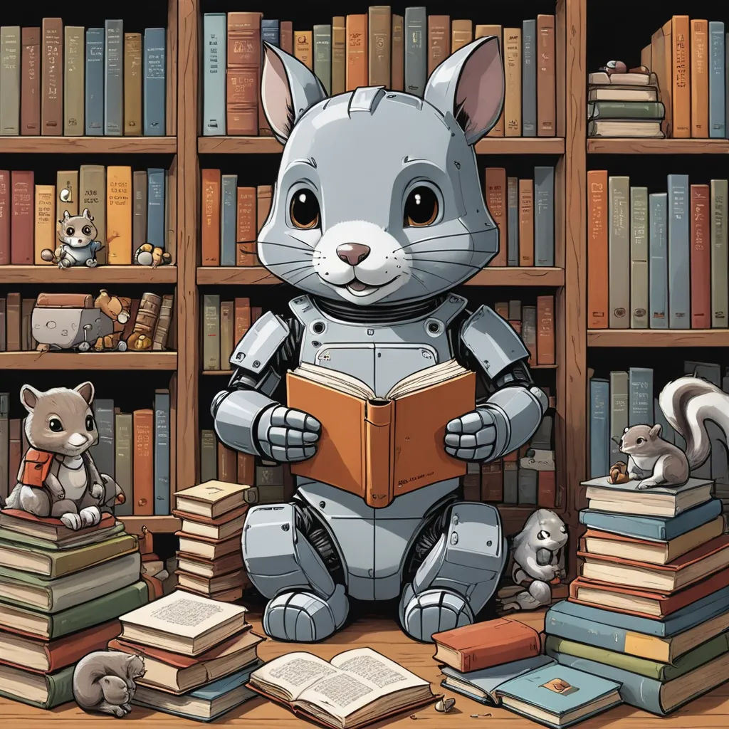a cartoon cat is reading a book in a library with other cats and a squirrel on the floor and a bookcase, les automatistes, a storybook illustration, Chris LaBrooy, highly detailed digital art