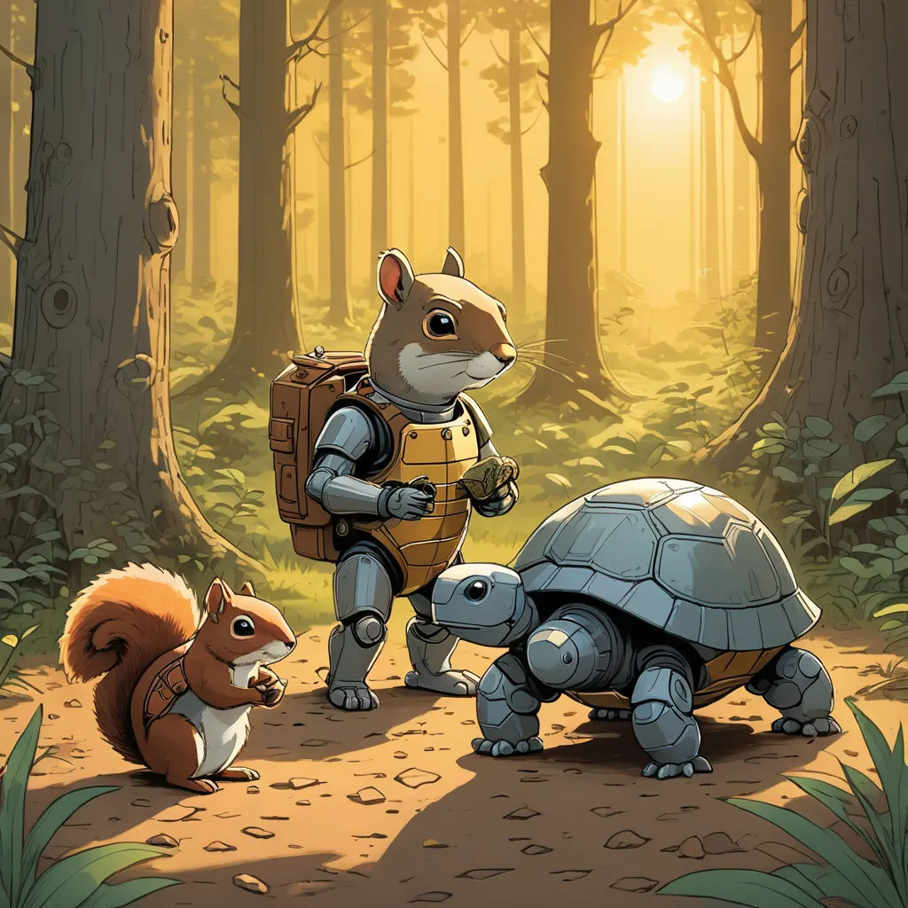 a squirrel and a squirrel are standing in the woods with a tortoise and a squirrel on the ground, sots art, a storybook illustration, Chris LaBrooy, official art