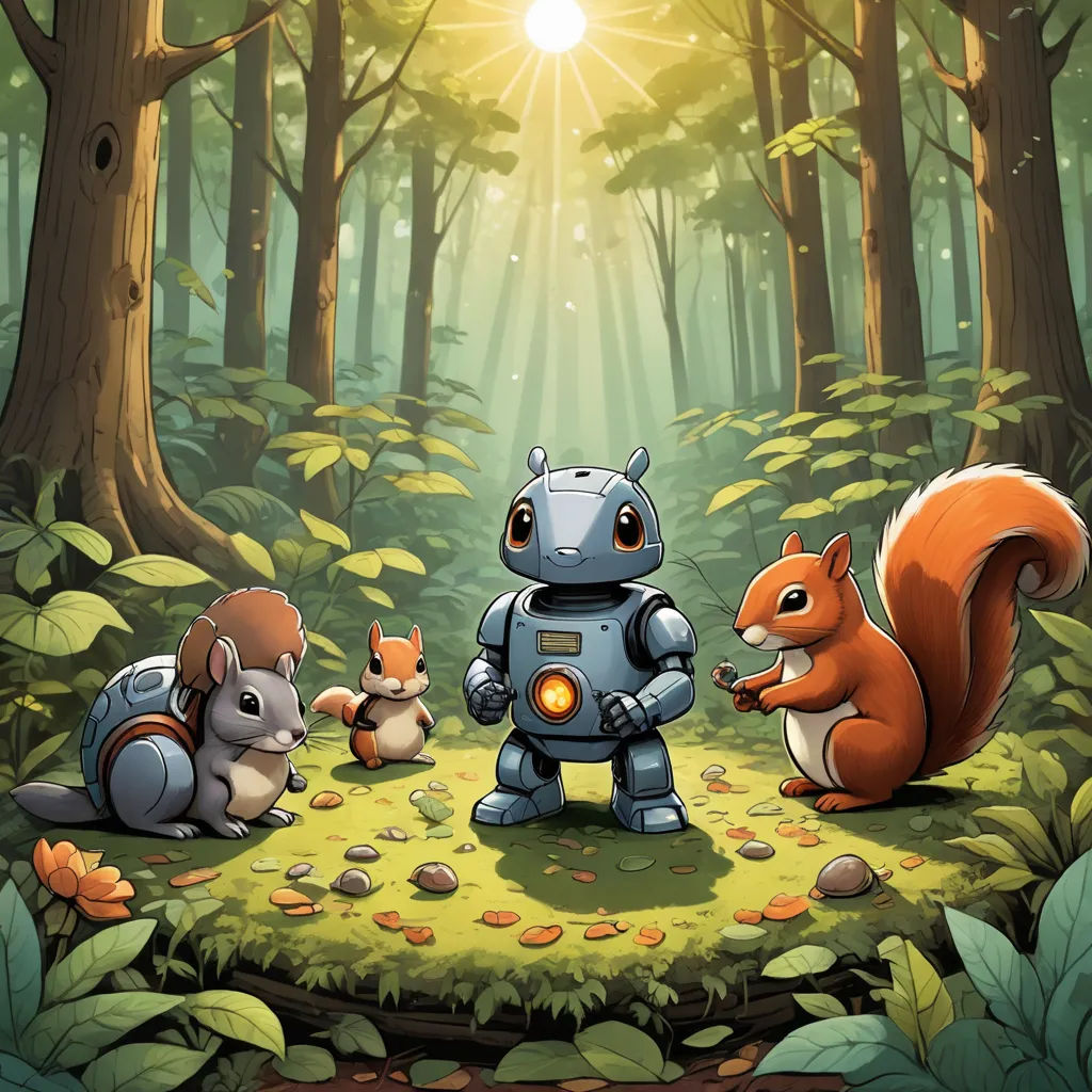 a group of animals standing in the middle of a forest with a robot on it's back and a squirrel on the ground, sots art, a storybook illustration, Chris LaBrooy, key art