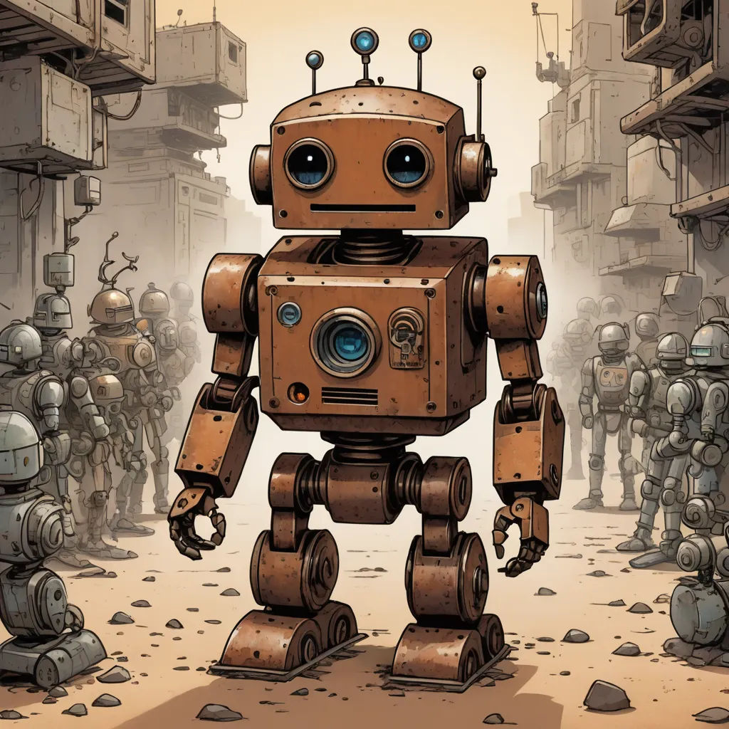a robot standing in a group of people in a city with a robot on the ground in front of him, les automatistes, concept art, Dan Mumford, robots