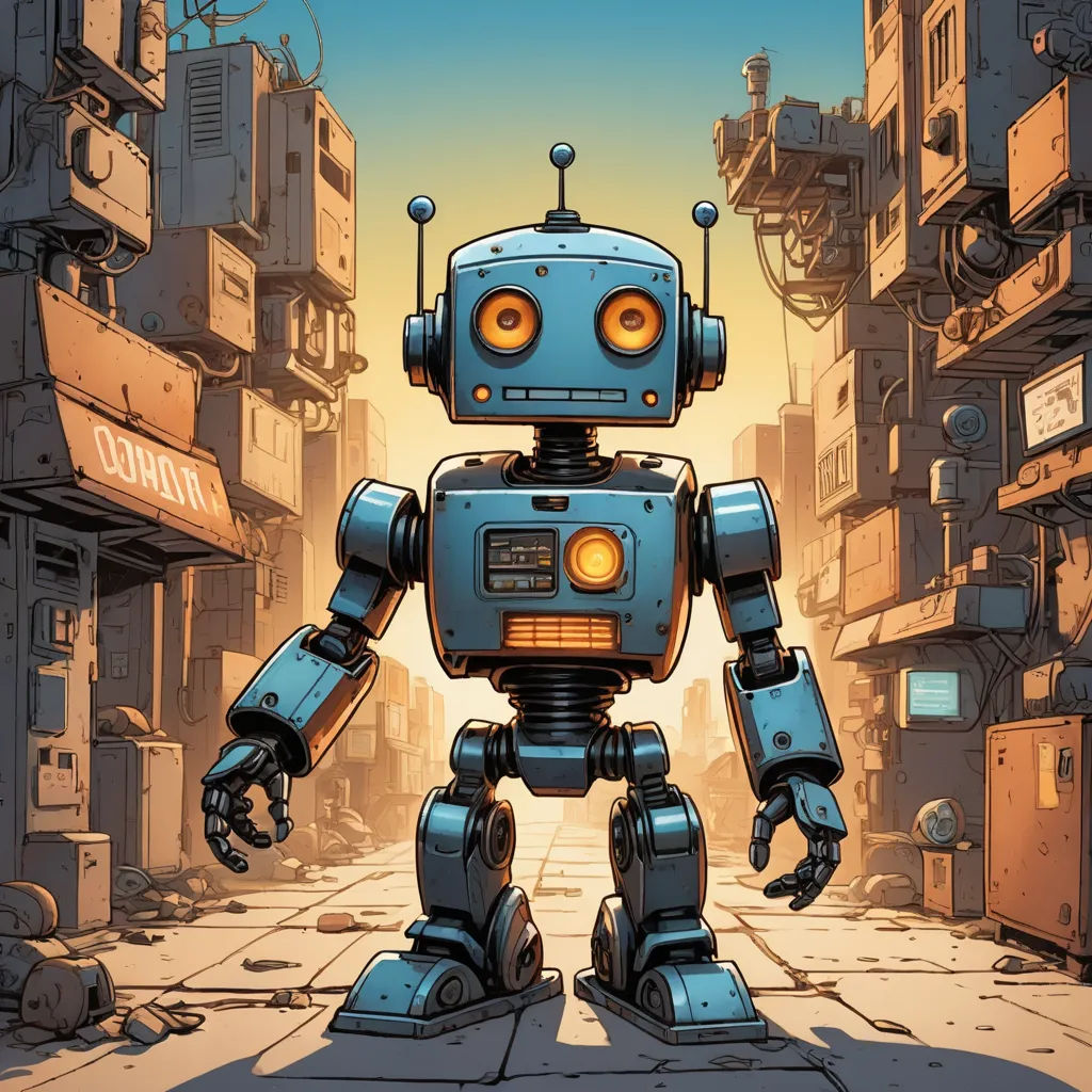 a robot standing in a city street with a sign on the side of it that says robot city on it, les automatistes, cyberpunk art, Dan Mumford, josan gonzales and dan mumford
