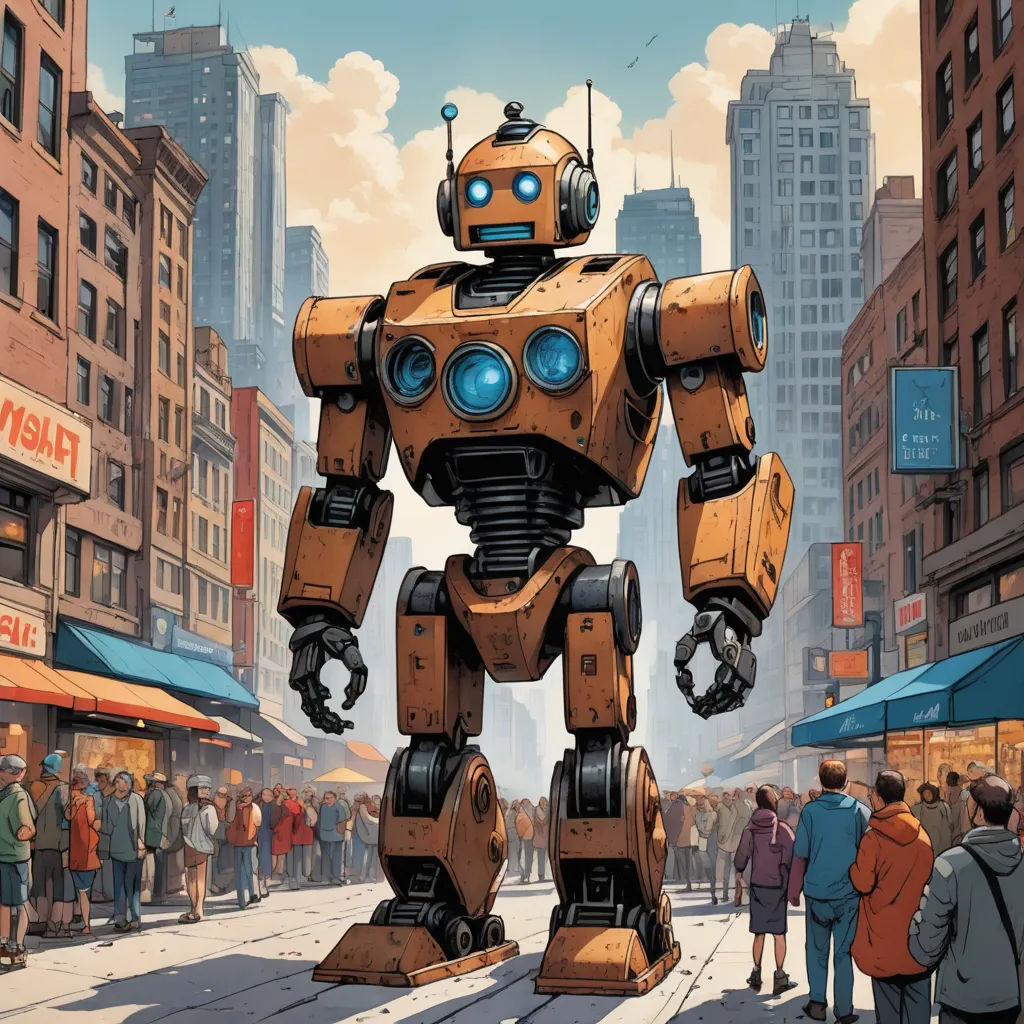 a robot standing in the middle of a busy city street with people walking around it and a crowd of people standing around, les automatistes, a comic book panel, Dan Mumford, josan gonzales and dan mumford