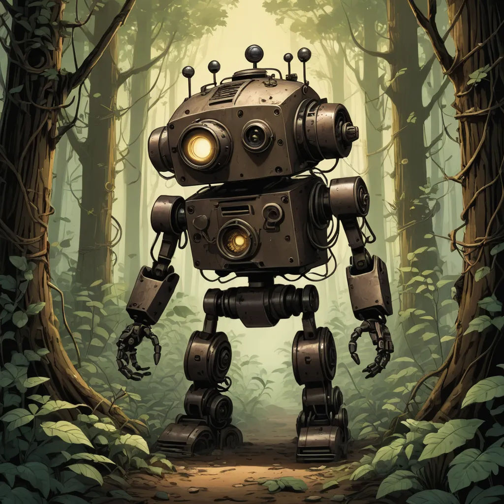 a robot standing in a forest with a light on its head and eyes glowing in the distance, with a trail leading to it, les automatistes, a storybook illustration, Dan Mumford, robot