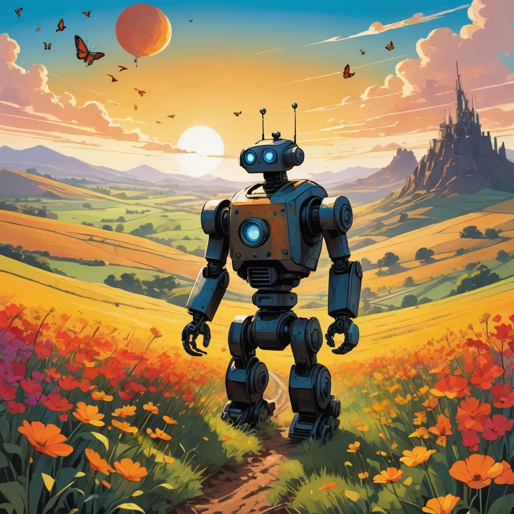a robot standing in a field of flowers with a castle in the background and a butterfly flying overhead in the sky, retrofuturism, concept art, Dan Mumford, josan gonzales and dan mumford