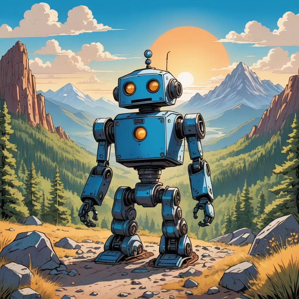 a blue robot standing on a dirt road in a mountainous area with mountains in the background and a sun setting, les automatistes, a storybook illustration, Dan Mumford, josan gonzales and dan mumford