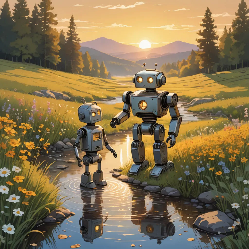 a couple of robots standing next to each other near a river in a field with flowers and grass on both sides, les automatistes, a storybook illustration, Dan Mumford, robots