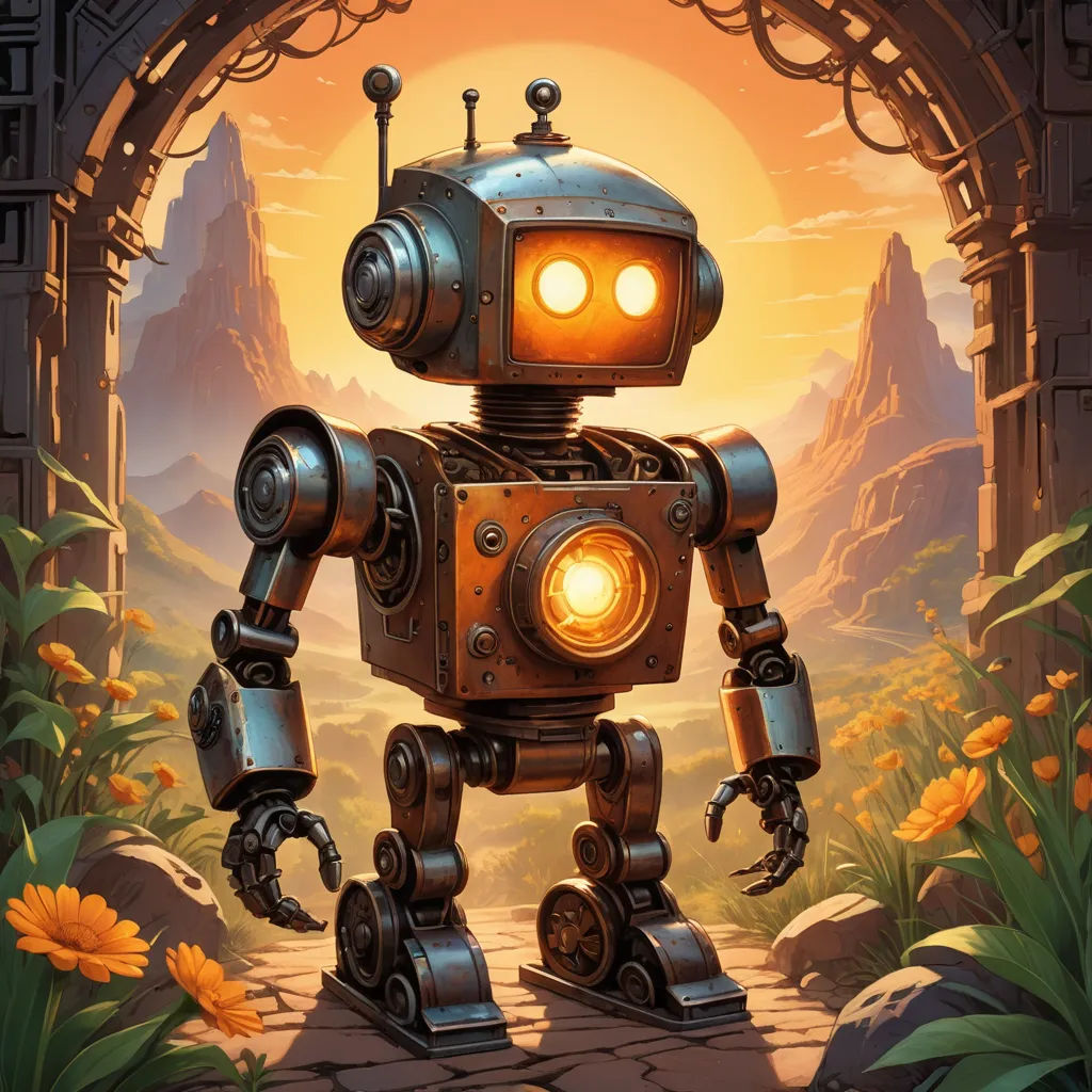 a robot standing in a doorway with a light on it's head and a yellow light on its face, fantasy art, concept art, Dan Mumford, rossdraws global illumination