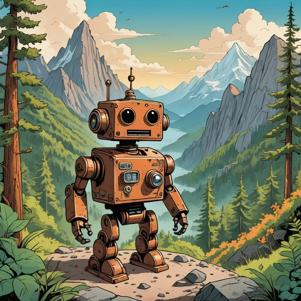 a robot standing on a rock in the middle of a forest with mountains in the background and clouds in the sky, les automatistes, a storybook illustration, Dan Mumford, josan gonzales and dan mumford