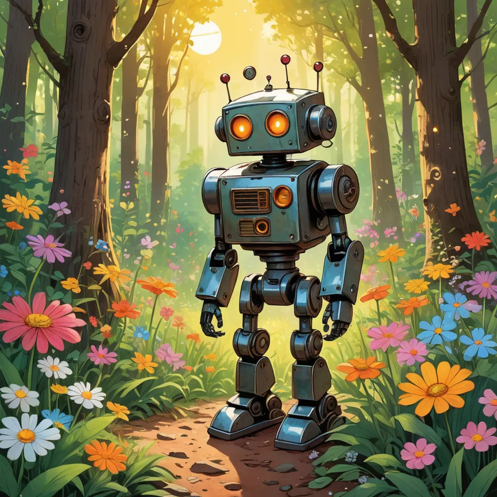 a robot standing in a forest with flowers and trees around it, with the sun shining through the trees, les automatistes, a storybook illustration, Dan Mumford, robot