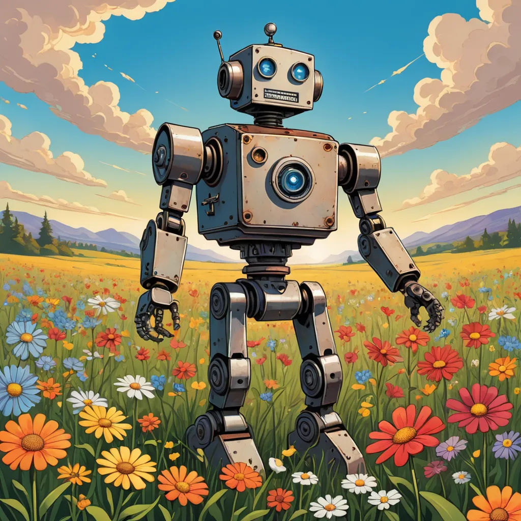 a robot standing in a field of flowers with a sky background and clouds in the background, with a sunlit sky, les automatistes, a storybook illustration, Aaron Jasinski, robot