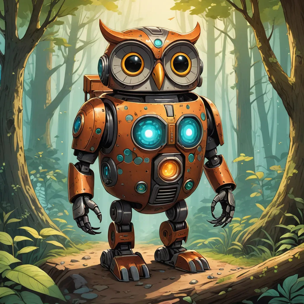 a robot with glowing eyes standing in a forest with a tree trunk and a log in front of it, sots art, a storybook illustration, Chris LaBrooy, robot