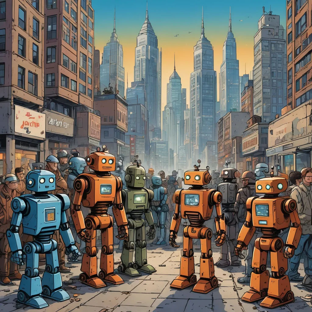 a group of robots standing in a city street with people standing around them and buildings in the background with skyscrapers, les automatistes, a comic book panel, Dan Mumford, robots