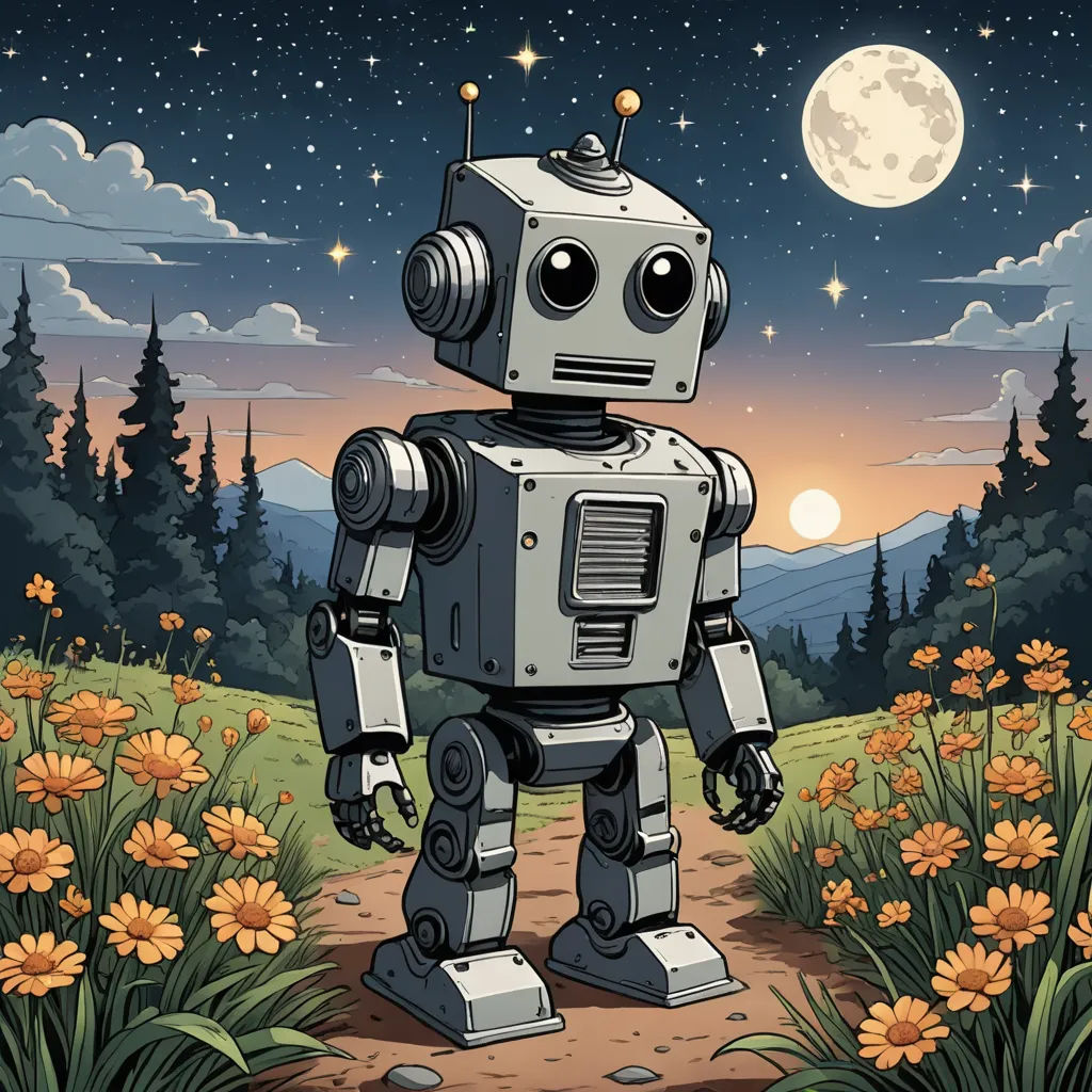 a robot standing in a field of flowers with a full moon in the background and a full moon in the sky, les automatistes, a storybook illustration, Dan Mumford, josan gonzales and dan mumford