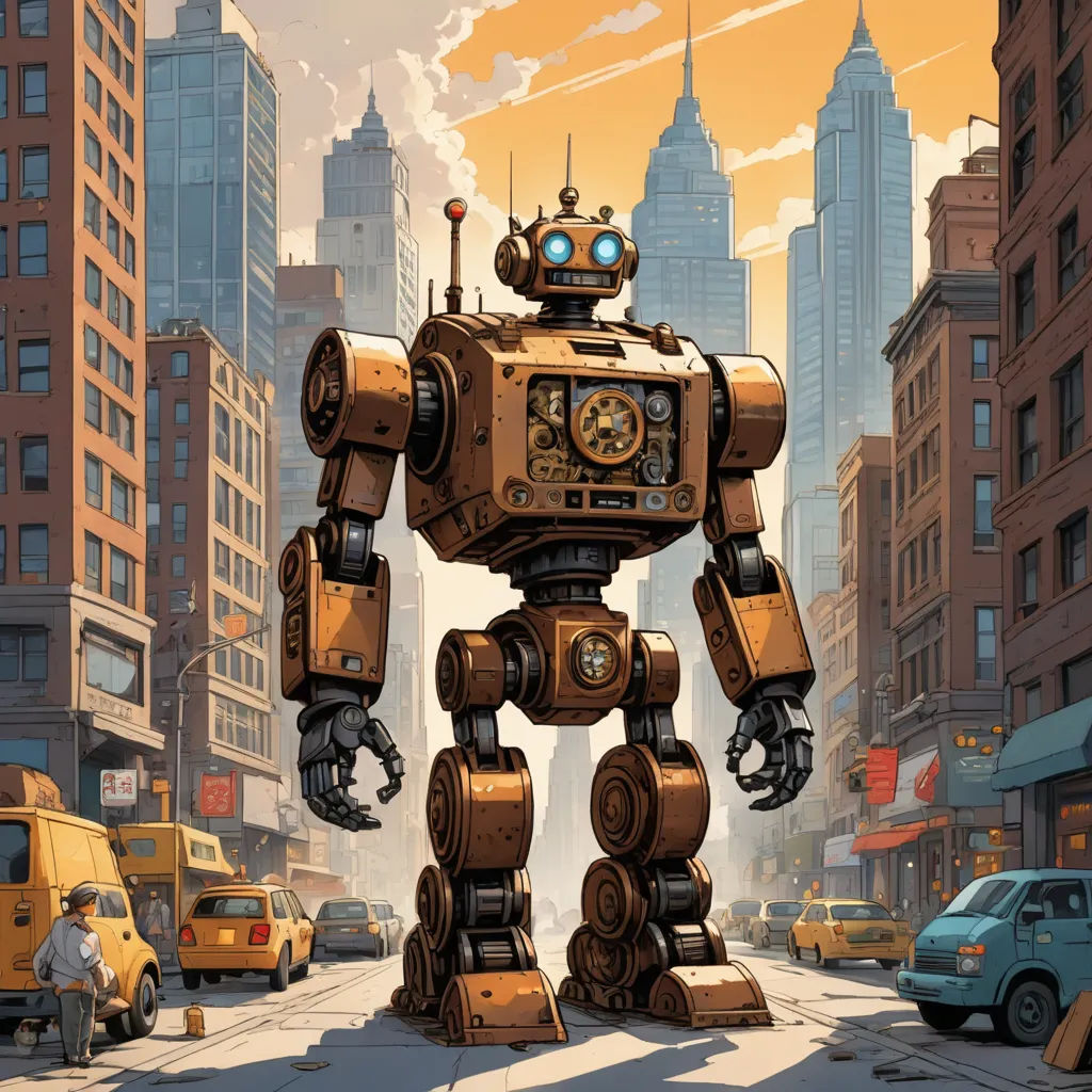 a robot standing in the middle of a city street with a clock on it's face and a city skyline in the background, retrofuturism, concept art, Dan Mumford, josan gonzales and dan mumford