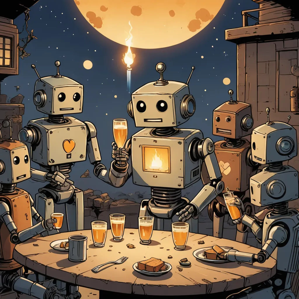 a group of robots sitting around a table with beers in front of them and a full moon in the background, les automatistes, a storybook illustration, Dan Mumford, josan gonzales and dan mumford