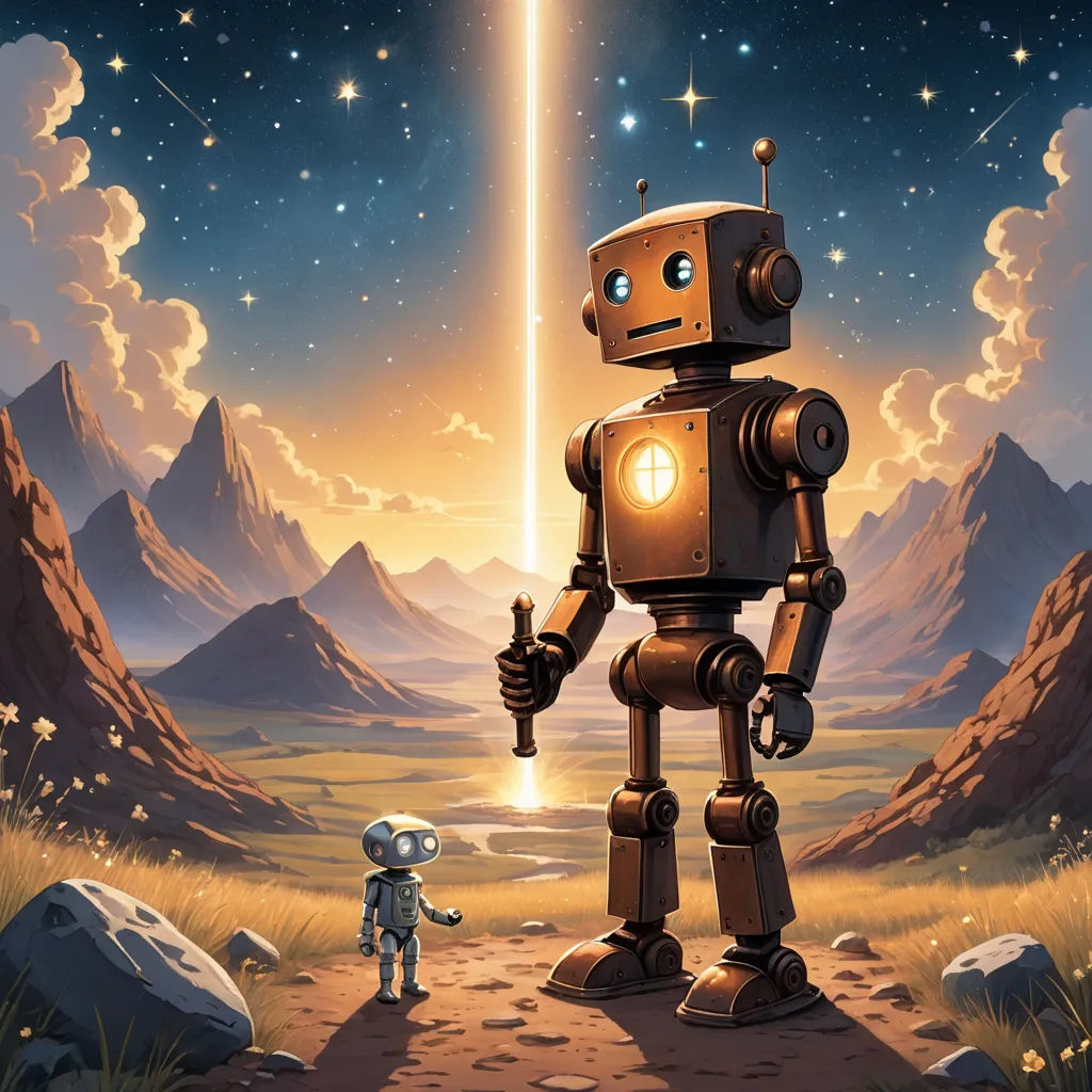 a robot and a robot man standing in a desert area with mountains and stars in the background, with a bright light shining on the horizon, space art, a storybook illustration, Dan Mumford, josan gonzales and dan mumford