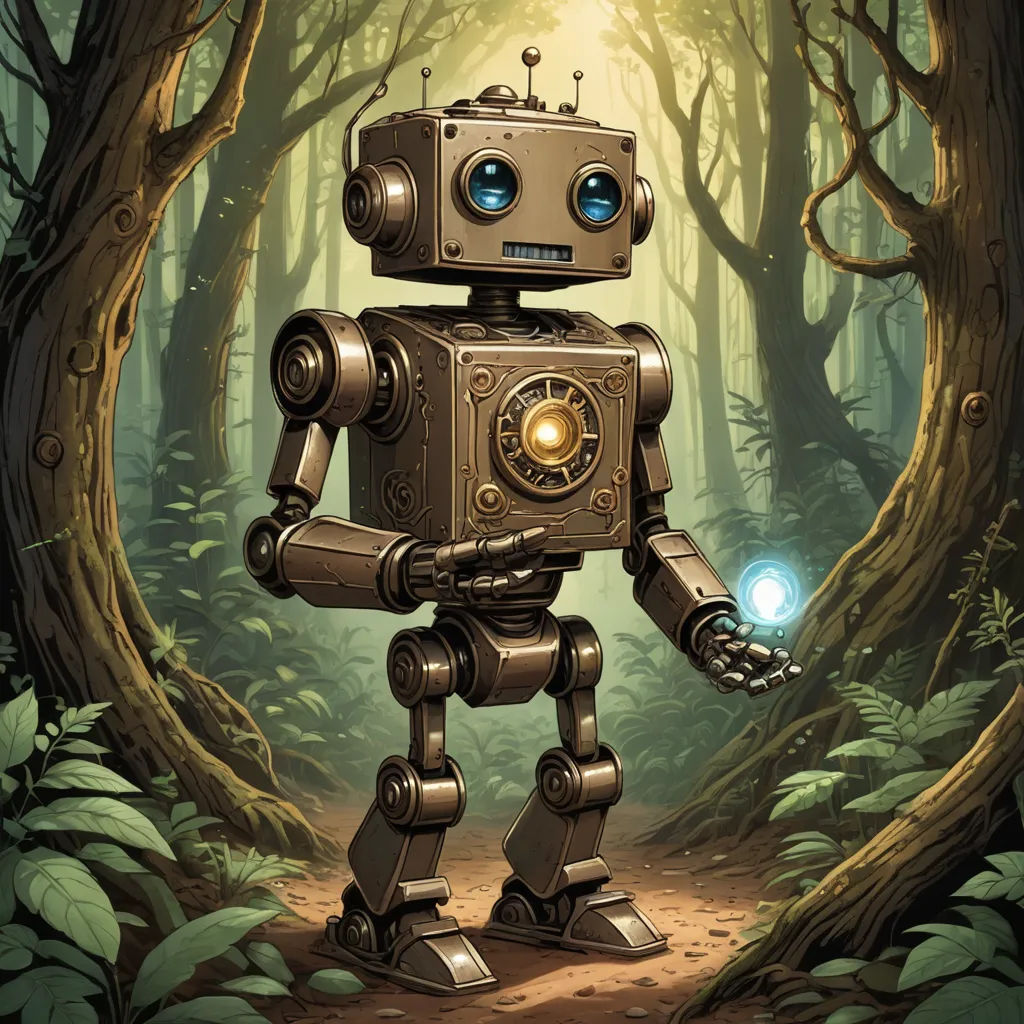 a robot that is standing in the woods with a light on it's head and a flashlight in his hand, fantasy art, a storybook illustration, Dan Mumford, rossdraws global illumination