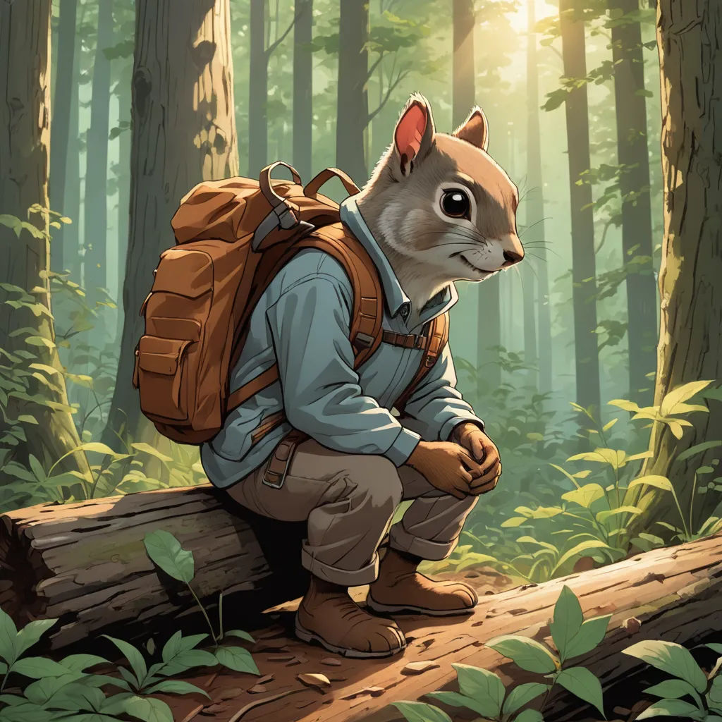 a cartoon of a squirrel with a backpack on a log in the woods with leaves and a sunbeam, furry art, a character portrait, Dan Mumford, official art