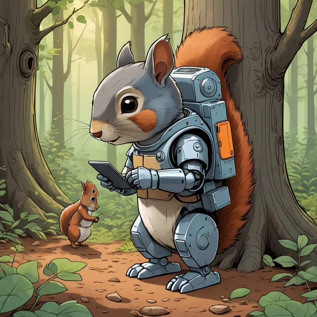 a squirrel and a robot in a forest with a squirrel on the ground and a squirrel on the ground, sots art, a storybook illustration, Chris LaBrooy, josan gonzales and dan mumford