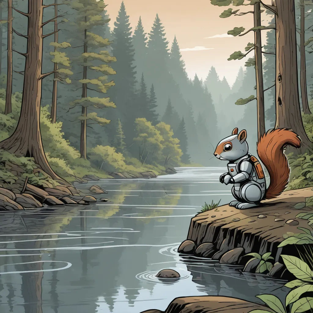 a squirrel sitting on a rock by a river in a forest with a river running through it and trees, environmental art, a storybook illustration, Dan Mumford, storybook illustration