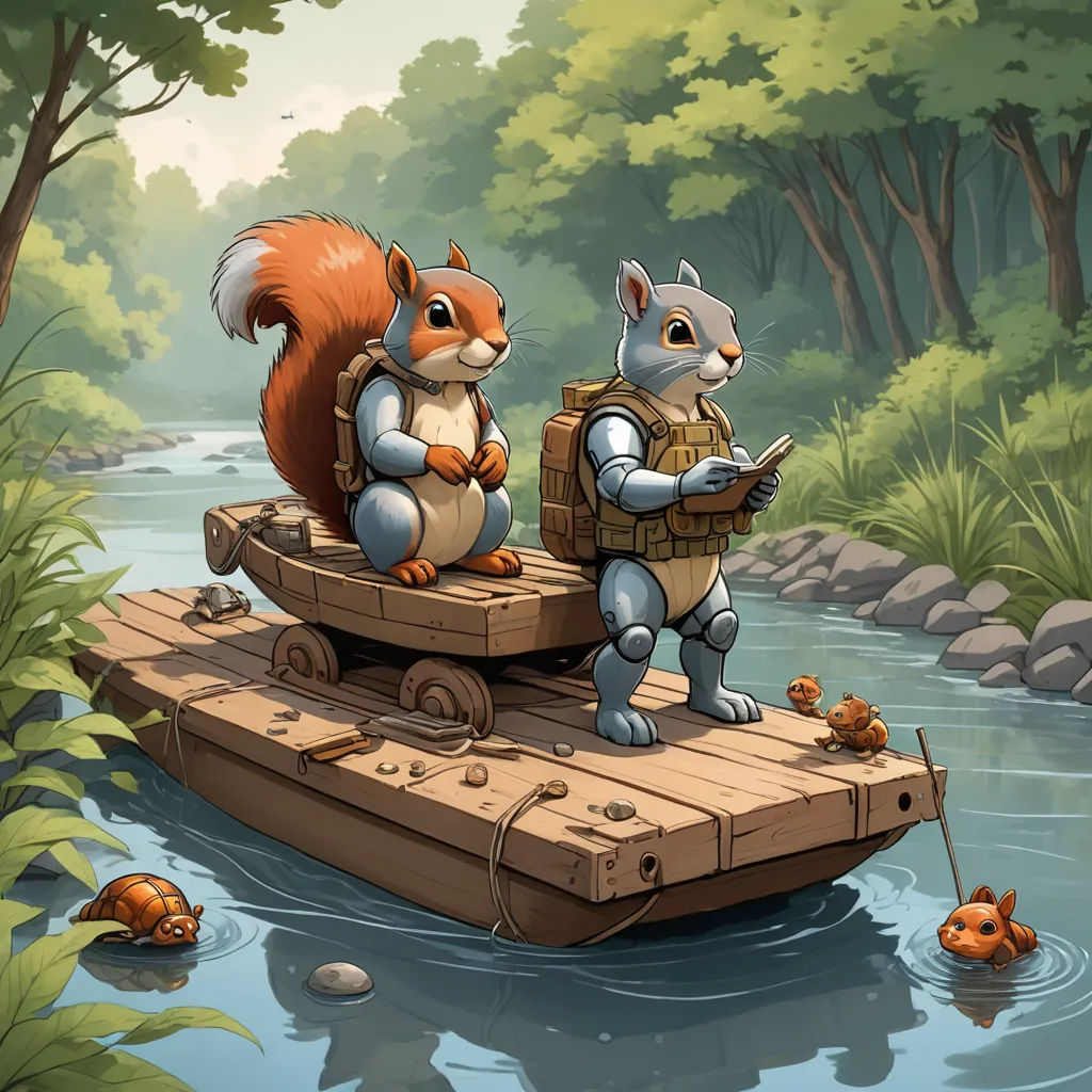 a couple of animals that are on a boat in the water and some trees and rocks in the background, fantasy art, a storybook illustration, Chris LaBrooy, storybook illustration