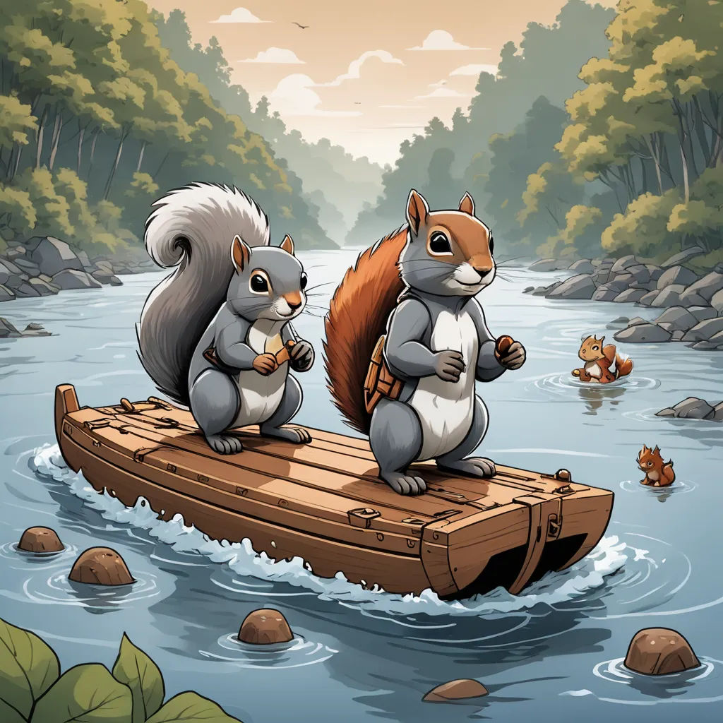 two squirrels are sitting on a raft in the water and eating nuts in the woods behind them are other animals, sots art, a storybook illustration, Dan Mumford, storybook illustration