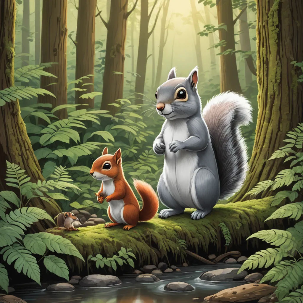 a squirrel and a squirrel are sitting in the woods by a stream of water and trees, with a sunbeam in the background, american scene painting, a storybook illustration, Chris LaBrooy, official art