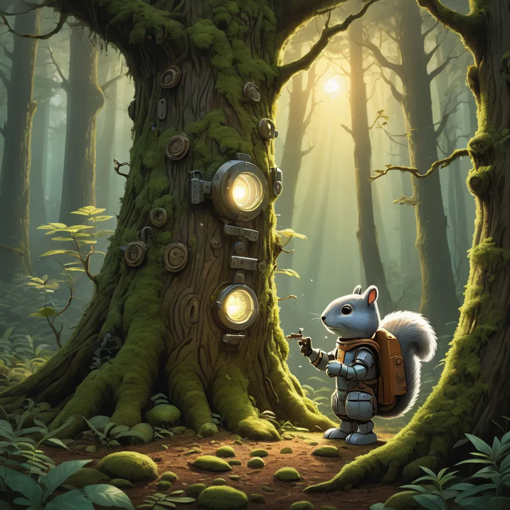 a cartoon squirrel is playing with a light in a forest with a tree stump and a light bulb in the background, fantasy art, a storybook illustration, Chris LaBrooy, storybook illustration