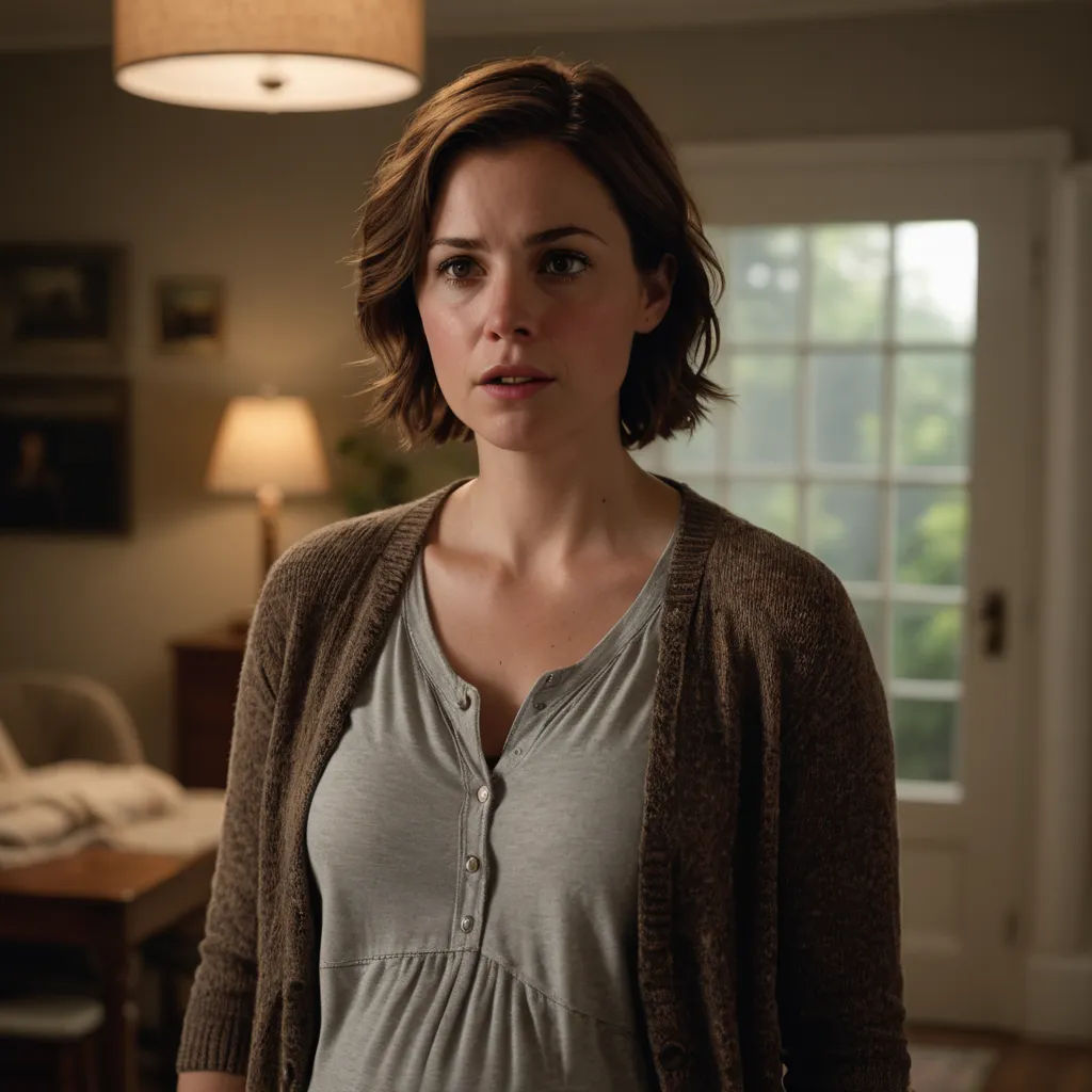 a woman standing in a living room next to a table and a lamp on a table top with a lamp on it, american scene painting, a character portrait, Elisabeth Collins, promotional image