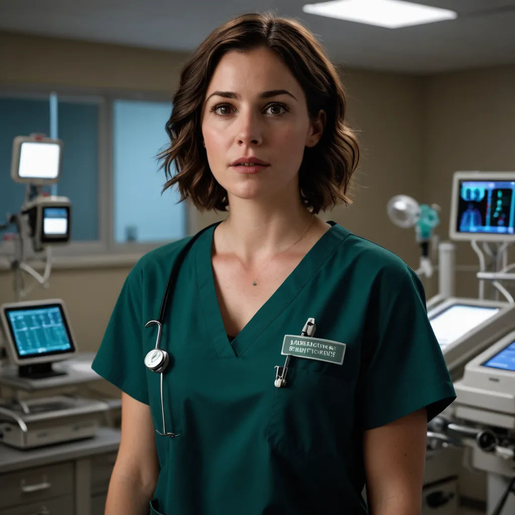 a woman in a green scrub suit standing in a hospital room with medical equipment on the wall and a monitor on the wall, renaissance, a character portrait, Constance Gordon-Cumming, promotional image