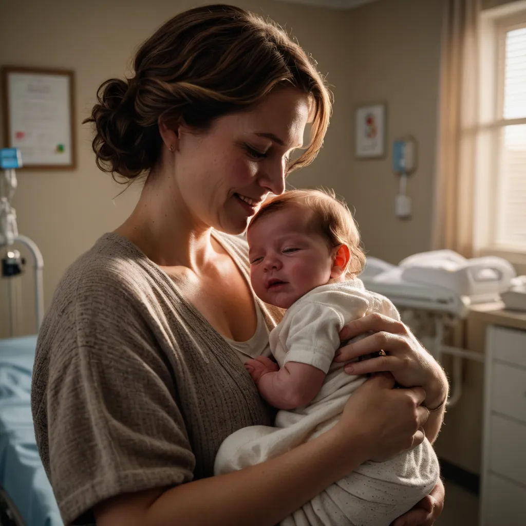 a woman holding a baby in her arms in a hospital room with a window in the background and a bed in the foreground, neoplasticism, a stock photo, Christabel Dennison, promotional image