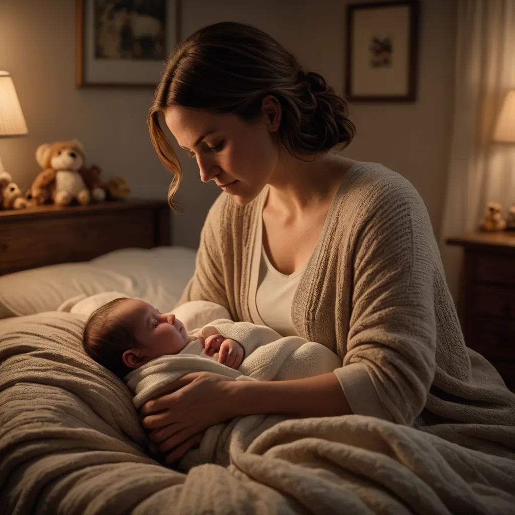 a woman holding a baby in her arms while sitting on a bed with a teddy bear on the side, art photography, a photorealistic painting, Daniel Lieske, cinematic photography